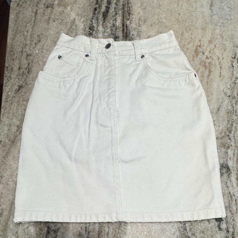 Perry Ellis America Denim Skirt Womens 4 White Cotton High Waist Raw Hem Vintage